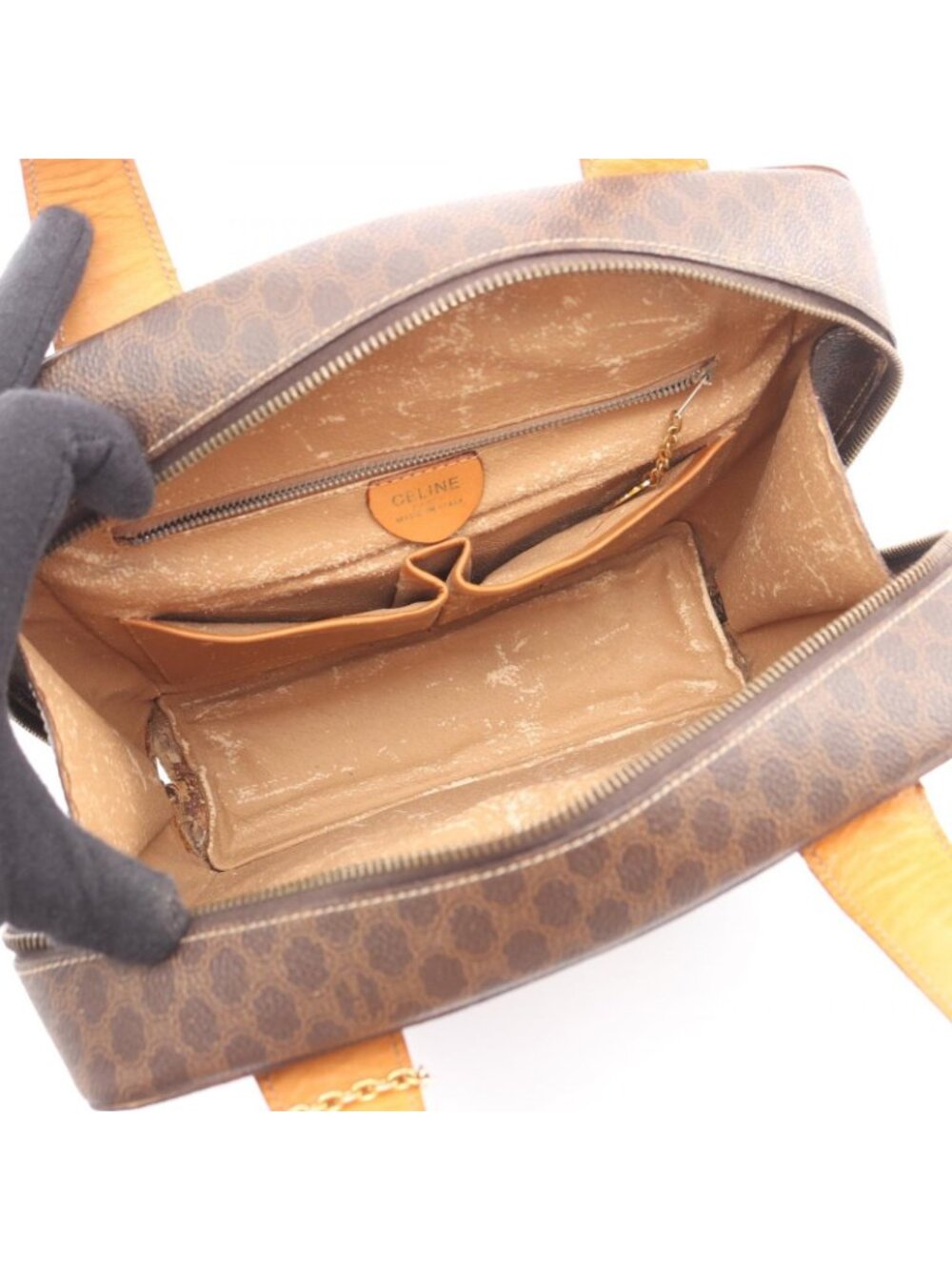 Celine Handbag Macadam Round Charm Dark Brown Canvas Leather Hand - Picture 3 of 13